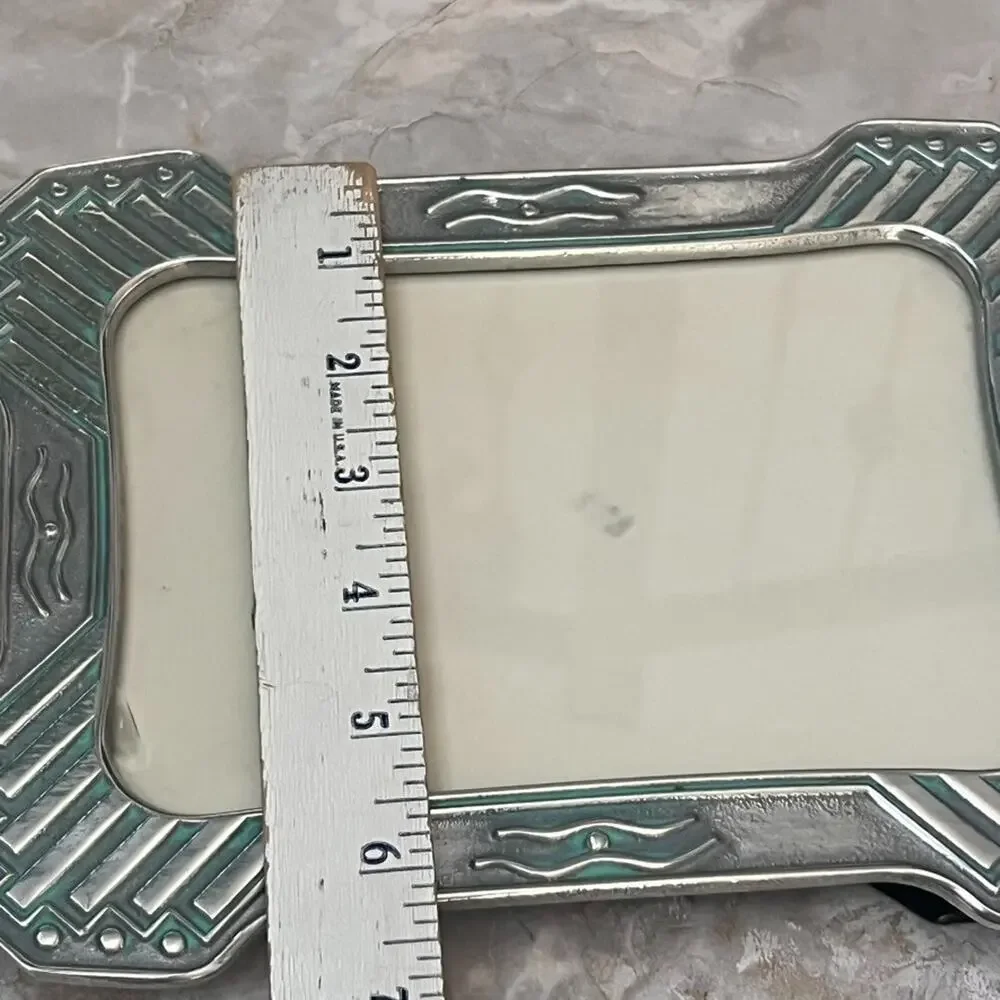 Vintage Silver Toned Picture Frame 4.5 x 6.5 in Aqua Accents Textured Easel Back